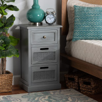 Baxton Studio JY20B072-Grey-NS Sheldon Modern and Contemporary Vintage Grey Finished Wood and Synthetic Rattan 3-Drawer Nightstand 